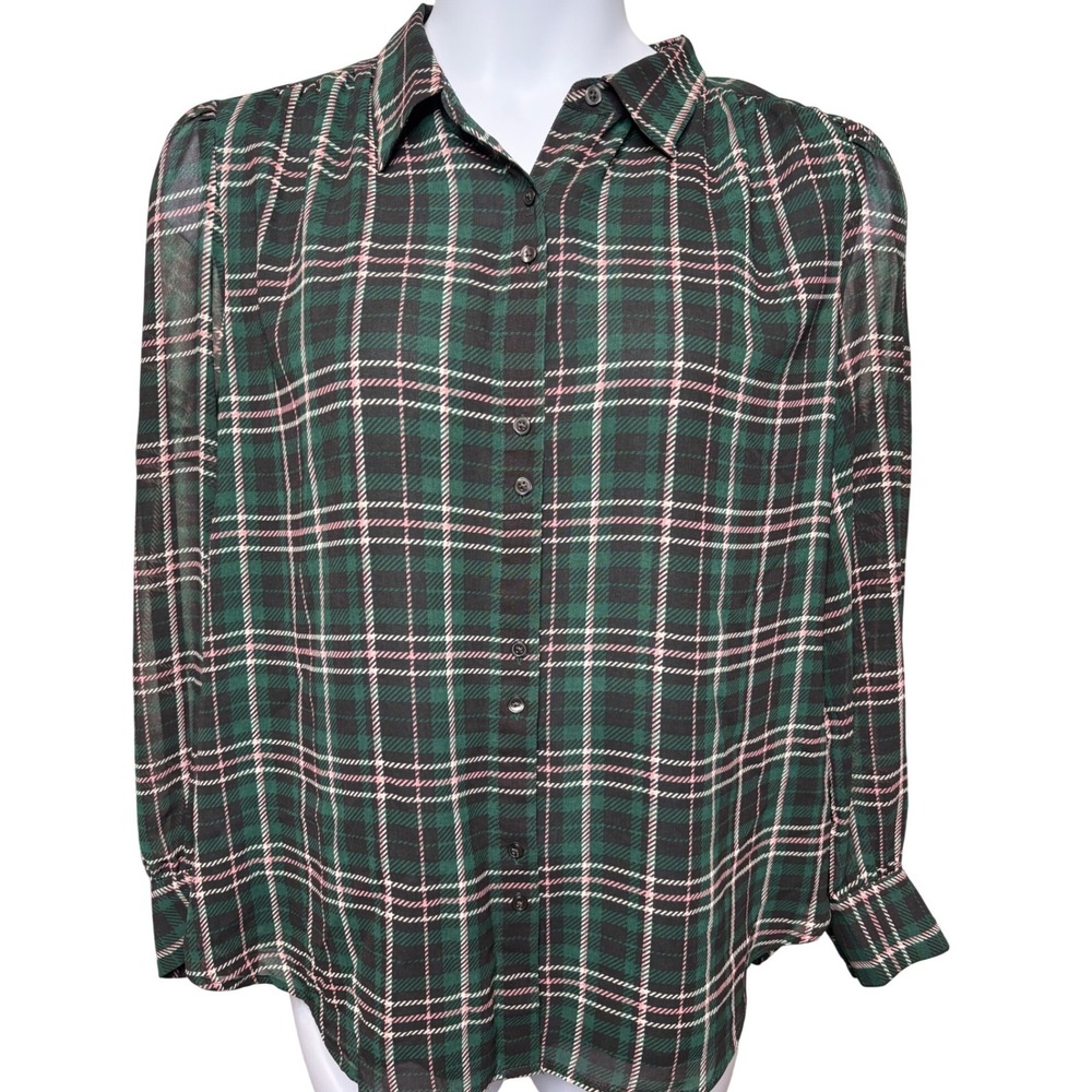 ANN TAYLOR Green Plaid Button Down Blouse Sz XL Puff‎ Sleeve Sheer Preppy-Chic